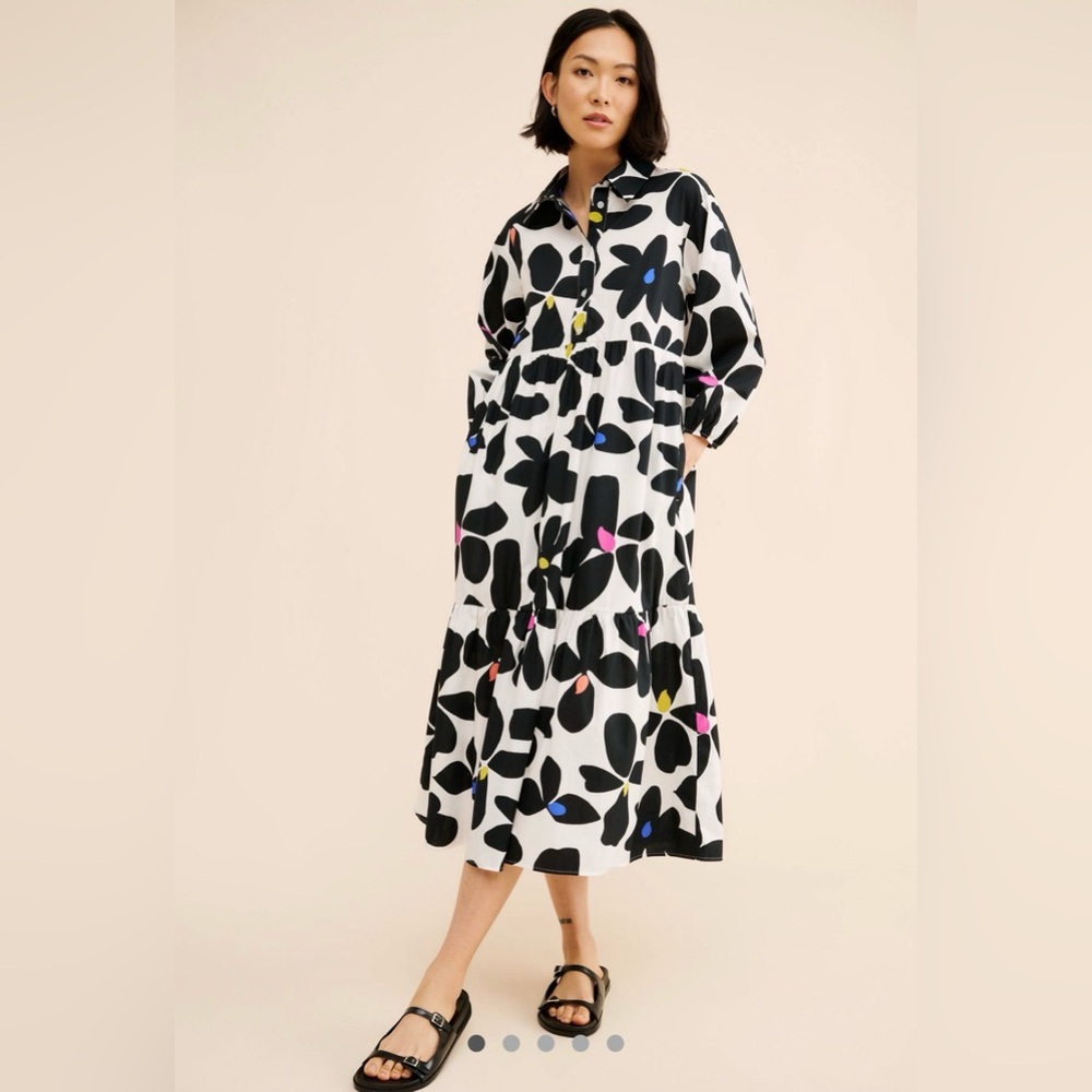 Anthropologie Black and White Floral Midi Dress with Colorful Accents